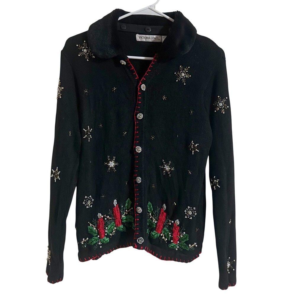 Victoria Jones Vintage Christmas Cardigan Beaded Removable Collar Ramie Cotton S
